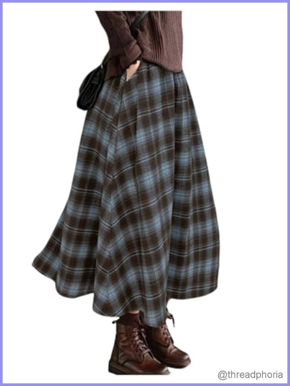 Women's High Waisted Plaid A-Line Midi Skirt Flowy Grunge Western